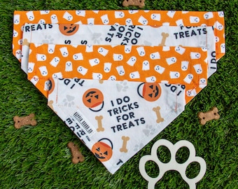 Reversible Halloween Dog Bandana: Tricks for Treats & Orange Ghosts Over the Collar Scarf