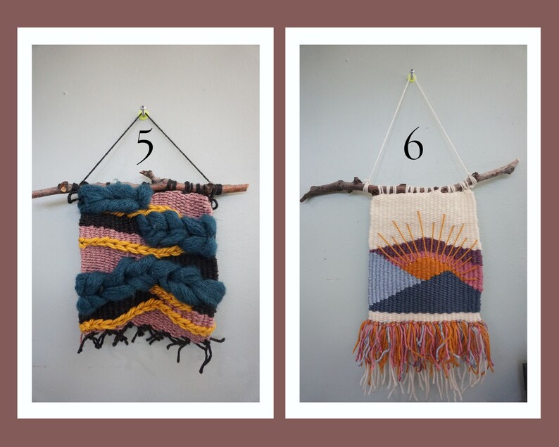 Puede incluir: Dos tapices de pared tejidos, uno con un patr&oacute;n geom&eacute;trico en rosa, amarillo, negro y azul, y el otro con una escena de amanecer en naranja, amarillo, rosa y azul.