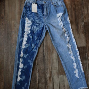 Upcycled Cyanotype Printed Fashion Nova Straight Leg Jeans - Size 5