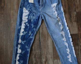 Upcycled Cyanotype Printed Fashion Nova Straight Leg Jeans - Size 5