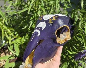 Hand Painted Sheep Skull | Witchy Moon Phase Decor with Real Crystals