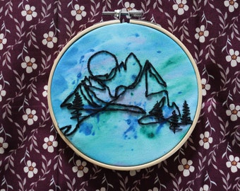 Abstract Mountain Line Art Hoop Embroidery - Hand Embroidered Mountain Art