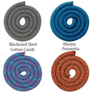 May include: Four coiled ropes in different colours. Top left: Blackened Steel Cotton Candy, a grey and black rope. Top right: Bluejay Poinsettia, a blue rope. Bottom left: a blue rope with red and green accents. Bottom right: a red rope with green accents.