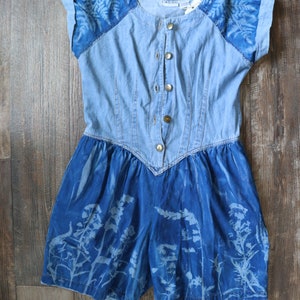 Upcycled Cyanotype Printed Vintage Flower Hill Romper - Size 8
