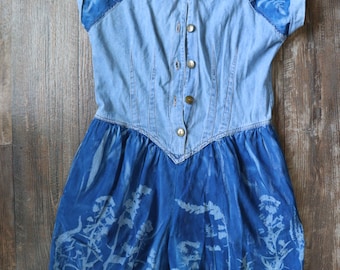 Upcycled Cyanotype Printed Vintage Flower Hill Romper - Size 8