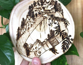 Carabiner Rock Climbing Art Woodburning Wall Decor - Handmade Pyrography Art