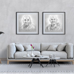 May include: Two black framed portraits of elderly men with gray hair and beards, wearing traditional clothing, hanging on a gray wall above a gray sofa with pillows. A wooden floor lamp with a black shade is on the left side of the image. A small table with a potted plant is on the right side of the image.