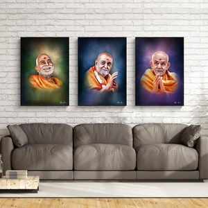 May include: Three framed prints of a man with a shaved head wearing a saffron colored robe. The man is smiling in the left print, making a gesture with his right hand in the center print, and holding his hands together in a prayer position in the right print.