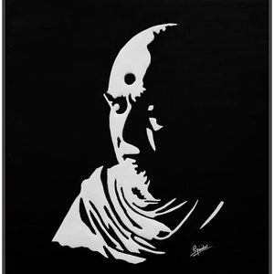 May include: A black and white painting of a person's face. The person is looking to the left and has a white dot on their forehead. The painting is done in a minimalist style.