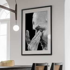 May include: Black and white photograph of a man's face, with his hand covering his eye. The man appears to be crying.