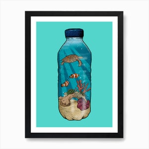 May include: A blue plastic bottle with a sea turtle, coral, and clownfish inside. The bottle is filled with water and sand, creating a miniature ocean scene.