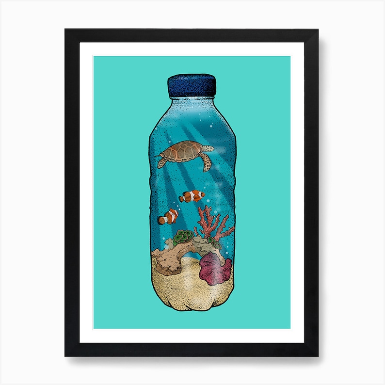 May include: A blue plastic bottle with a sea turtle, coral, and clownfish inside. The bottle is filled with water and sand, creating a miniature ocean scene.