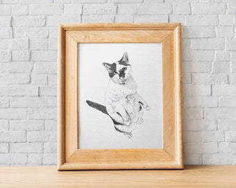 オリジナルアートワーク猫の肖像画 - 手描き、手作りペンとインクの A5 図面、ユニークなもの、猫好き、面白い猫アートミーム、点描画