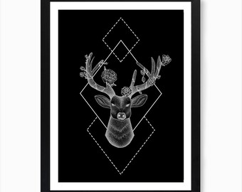 A3 Geometrischer Hirsch Kunst Druck - A3 Dotwork Raute, Florale Maskuline Illustration, Schwarz Weiße Pfingstrose, Geweih Wald, Weiß auf Schwarz