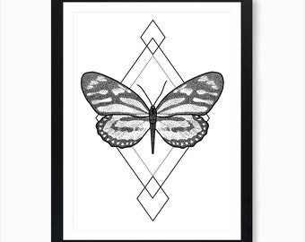 A3 Geometric Illustrative Butterfly Wall Art Print - Perfect gift for her, Butterfly Decor, Botanical Print, Fine Art Print