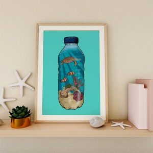 May include: A turquoise blue framed print of a plastic water bottle with a sea turtle, coral, and clownfish inside. The bottle is on a blue background.