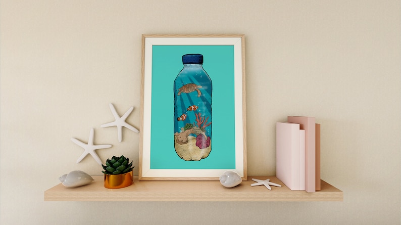 May include: A turquoise blue framed print of a plastic water bottle with a sea turtle, coral, and clownfish inside. The bottle is on a blue background.
