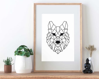 Geometric Wolf A4 Print - Minimal Modern Art Line Drawing, Wall Art Decoration, For Him, Wolf Decor, Boho