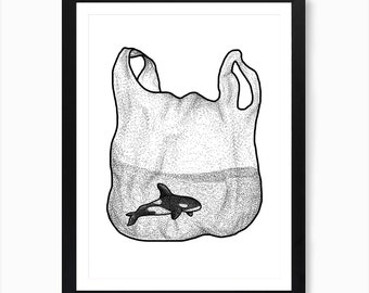 A4 Whale Wall Art - hand drawn recycled paper print, Plastic Pollution Awareness Eco Friendly Trash Stickers, home decor, modern