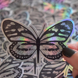 Holographic Butterfly Stickers - Hand drawn illustration Vinyl Die Cut Rainbow Silver Sparkle Stickers Decal insect art