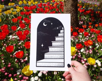 Dreamy Stairway Print - A5 Wall Art, Galaxy, Moon and Stars, New home gift, tattoo design, goth, black and white art, lyrics