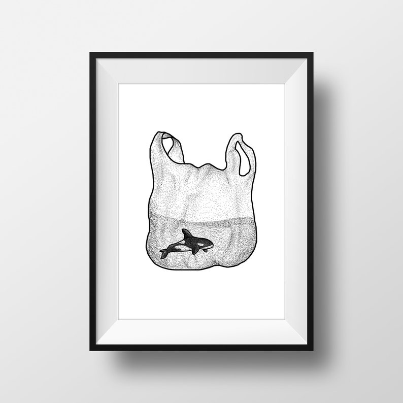 A4 Whale Wall Art - hand drawn recycled paper print, Plastic Pollution Awareness Eco Friendly Trash Stickers, home decor, modern image 4
