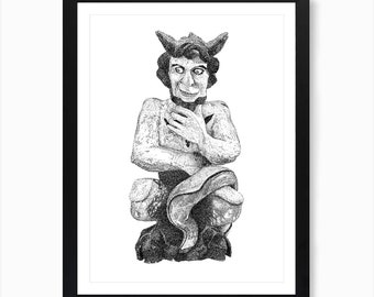 The Swansea Devil Print - Black and White Lucifer Gargoyle Welsh Folklore Illustration