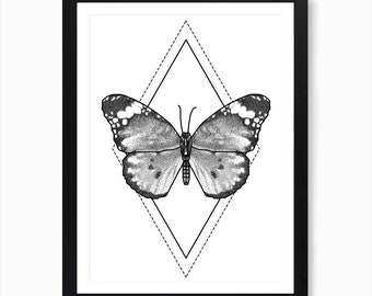 A4 Geometric Illustrative African Queen Butterfly Wall Art Print - Perfect gift for her, Decor, Botanical Print, Fine Art Print