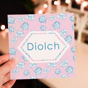 Diolch - Welsh Language Thank you Karte, Pink Blue Teekannen, Für Freunde, Lehrer oder Familie Cerdyn Cymraeg