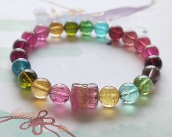 Great Colors Natural Tourmaline beads bracelet 9.1mm with Lotus bead