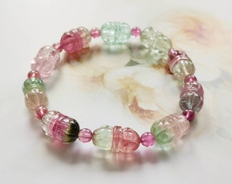 Rare Natural Bi-color Tourmaline Lotus bud Carving Bracelet 9.5mm