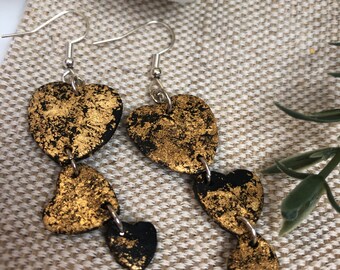 Black and Gold Hearts Polymer Clay Earrings