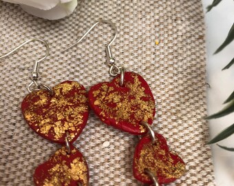 Red and Gold Heart Polymer Clay Earrings