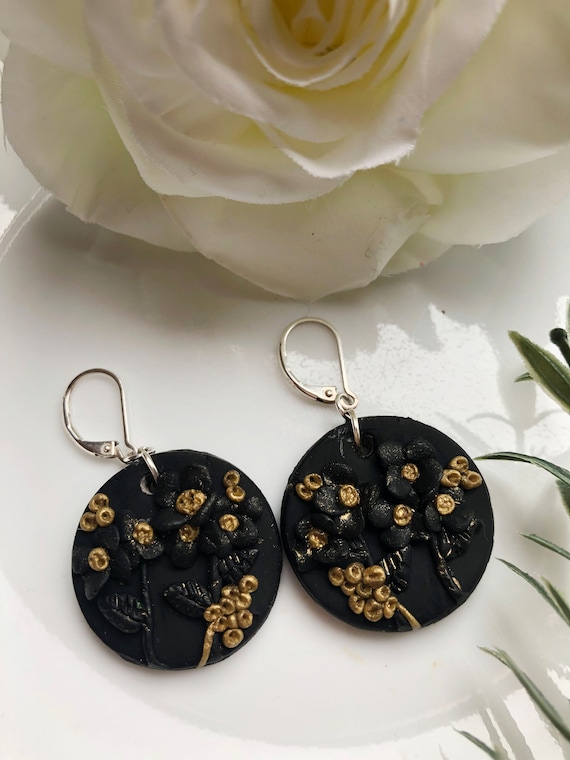 Black and Gold Flower Polymer Clay Earrings Australia