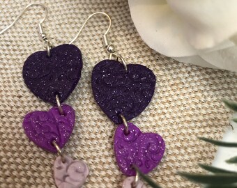 Purple Heart with Sparkles Polymer Clay Earrings