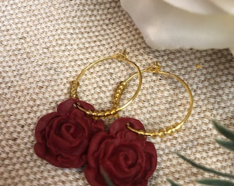 Red Rose Hoop Polymer Clay Earrings