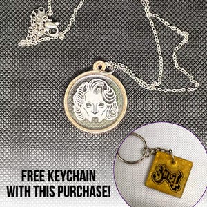 Ghost Band Inspired Resin Necklace – Ghuleh Pendant with Rose Gold Frame & Silver Chain – Handmade Occult Jewelry-Free Keychain
