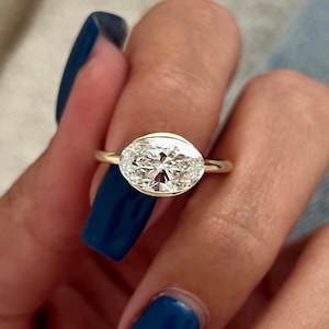 Half Bezel Set 3 CT Oval Cut Moissanite Engagement Ring East To West Oval Diamond Ring 10K Gold Wedding Ring Oval Solitaire Ring For Women