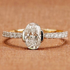 Oval Moissanite Half Bezel Set Ring, 14K Solid Gold Oval Diamond Ring, 1 CT Oval Colorless Moissanite Engagement Ring ,Bridal Wedding Ring