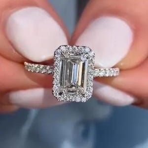 2.50 CT Emerald Cut Moissanite Engagement Ring 14K Gold Ring Emerald Halo Diamond Ring Unique Wedding Ring Anniversary Ring For Her