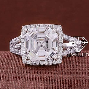 5CT Asscher Halo Moissanite Engagement Ring Split Shank Ring Asscher Diamond Wedding Ring 14K Solid Gold Ring Anniversary Gift For Women
