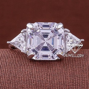 Three Stone 2.5 CT Asscher Cut Colorless Moissanite Engagement Ring Trillion Moissanite Wedding Ring 14K Gold Ring Perfect Anniversary Gift