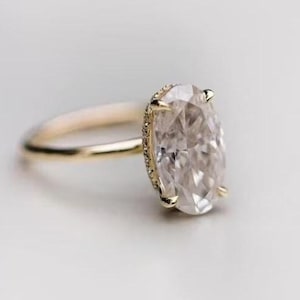 Hidden Halo Engagement Ring 3 CT Solitaire Oval Moissanite Diamond Wedding Ring Oval 14K Yellow Gold 2mm thin band Handmade Jewelry