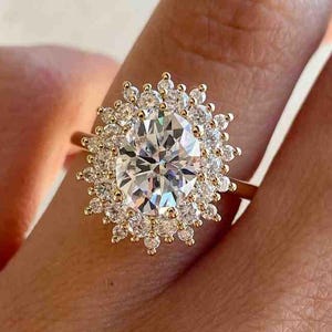 Oval Cut Moissanite Cluster Halo Engagement Ring, 14K Gold Ring, Oval Diamond Vintage Wedding Anniversary Ring Promise Ring For Women