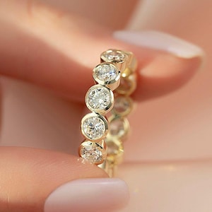 Bezel Set Moissanite Diamond Wedding Band Round Cut Band 14K Gold Full Eternity Bridal Matching Band Anniversary Band Promise Ring For Her