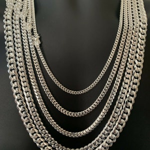 Miami kubanische Gliederkette | massiv 925 Sterling Silber | 5MM bis 10,5MM Breit | 20 &quot;bis 28&quot; Zoll Länge | Weißgold überzogen.