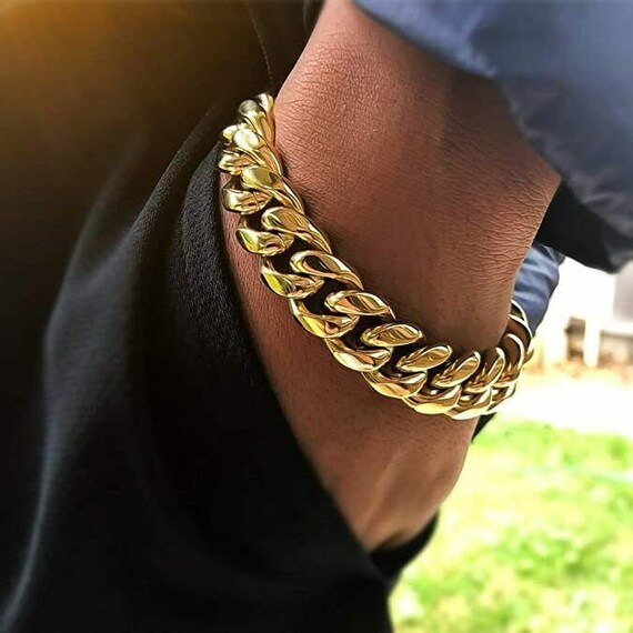Mens Thick Miami Cuban Link Solid Real Bracelet – 14k Gold Filled Stainless Steel, 10mm 12mm 8.5", Lab CZ, Made In Italy