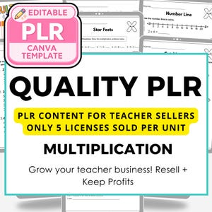 以下が含まれることがあります： 掛け算ワークシート用のデジタルCanvaテンプレート。EDITABLE PLR CANVA TEMPLATE、QUALITY PLR、PLR CONTENT FOR TEACHER SELLERS ONLY 5 LICENSES SOLD PER UNIT、MULTIPLICATION、Grow your teacher business! Resell + Keep Profitsというテキストが含まれています。