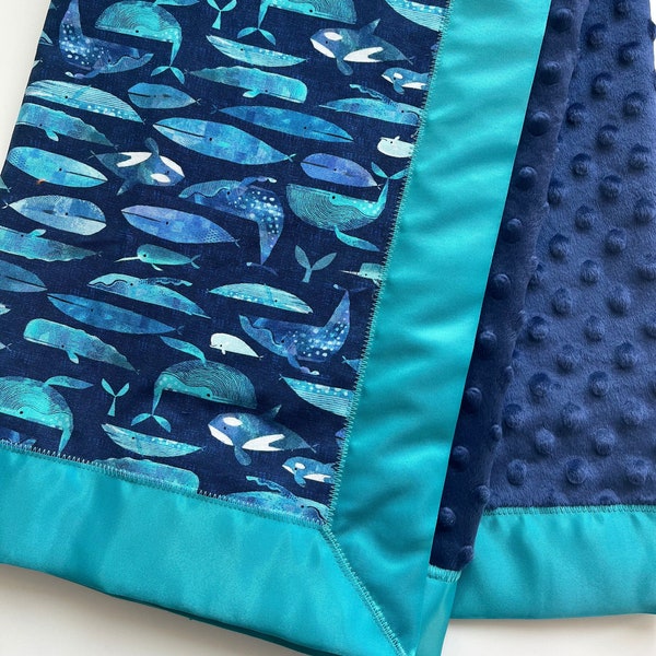 RESERVED FOR SHAWNA Blue Whales Nautical Minky Blanket Satin Trim| Navy Blue Turquoise Teal | Nautical Nursery | Shower Gift |