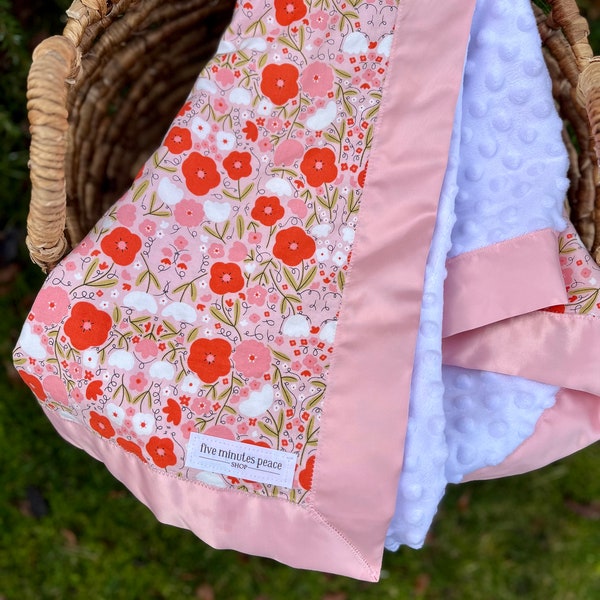 Pink & Red Floral Baby Blanket | Minky Satin Trim Blanket | Valentines Baby Gift | Baby Girl Modern Flower | Stroller Blanket | Satin Edge